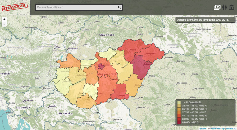 Interaktív térképen mutatjuk meg, hogy mennyi EU-s pénzt kaptak a magyar települések
