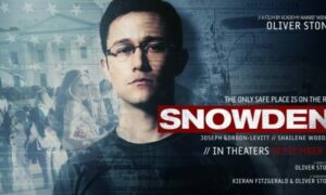 Snowden-film: sablonos hősprofil elmosódott háttérrel