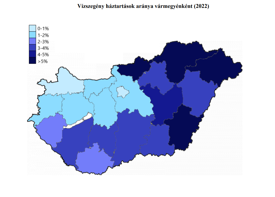 A vízszegény (vezetékes vízzel és saját kúttal nem rendelkező) háztartások aránya a magyarországi vármegyékben. (Forrás: PAD Alapítvány kutatása)