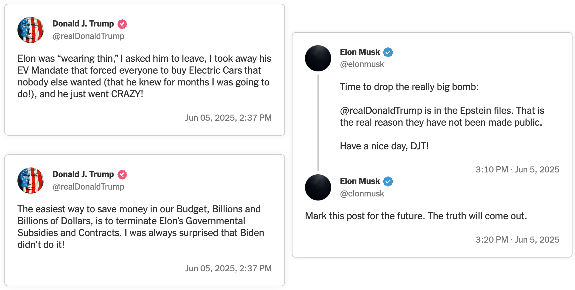 Donald Trump és Elon Musk egymást támadó bejegyzései a saját közösségi média oldalaikon. Forrás: The New York Times